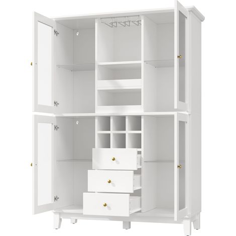 Armoires à vin avec éclairage LED commandé par application, 180,5 x 120 x 40 cm, 3 tiroirs, porte-verres et porte-bouteilles, noir/blanc (1/5)