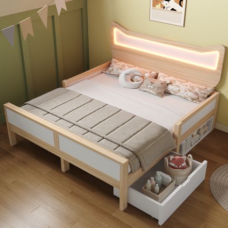Letto 140x200 cm - Letto per bambini 140x200 cm con illuminazione LED RGB, cassetto e ripiano reversibili, sponde di sicurezza, bianco e legno di rovere