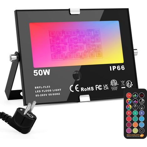 Projecteur LED Exterieur 50W contrôlé par Télécommande, RGB Spot LED de Couleur, IP66 Etanche, pour Terrasse, Jardin et Garage (1/5)