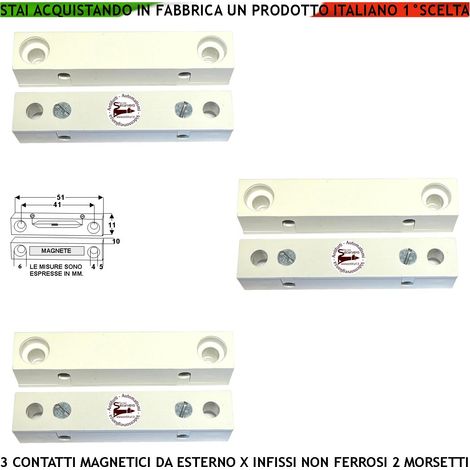 Contatto Magnetico da Esterno Tre Pezzi Sensore Reed Uscita NC Antifurto Sensibilità Magnetica 13 mm Tensione Transito Max 30 V 0,5 Ah Carico Resistivo 2 Morsetti Cover ABS Bianco Protezione IP40 (1/2)