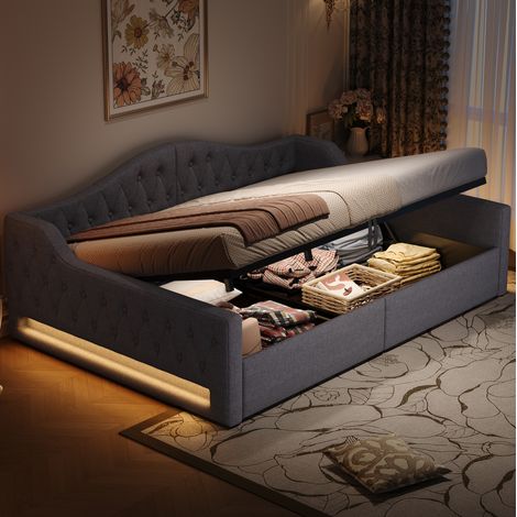 MEUBLIV Polsterbett 140x200 cm grau – mit Stauraum und LED, ohne Matratze (1/5)