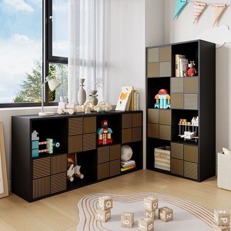 JOOKGBD- Bibliothèque, étagère avec 4 compartiments ouverts et 4 portes, armoire de rangement, vitrine, bibliothèque enfant, rangement jouets pour salon chambre chambre enfant, bois, Noir