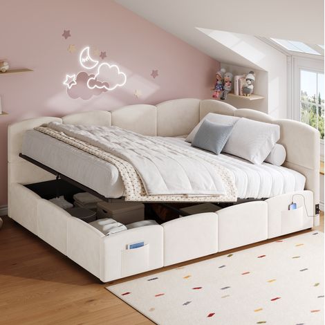 Letto contenitore 140x190 cm con sollevamento idraulico, porte USB e Type-C, in velluto, beige, senza materasso (1/5)