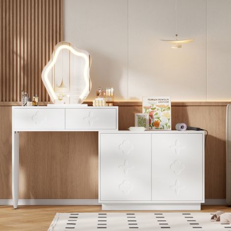 Table de coiffure avec miroir LED, température lumineuse réglable 3 fois – Table de coiffure avec miroir, 2 tiroirs et une armoire avec 4 rangements, pour chambre (1/5)