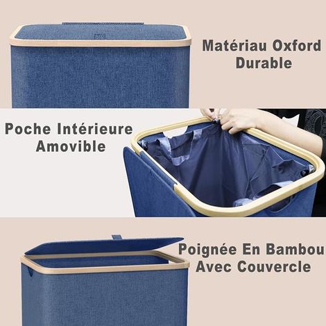 Laundry Basket with Lid, Foldable Laundry Basket with Bamboo Handles, Oxford Fabric Moveable Bags, Laundry Bin (1/4)