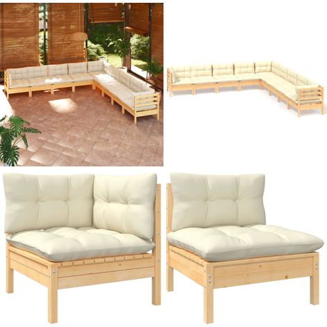 Set Divani da Giardino 9 pz con Cuscini Crema Massello di Pino - Divano angolare - Cuscino da giardino
