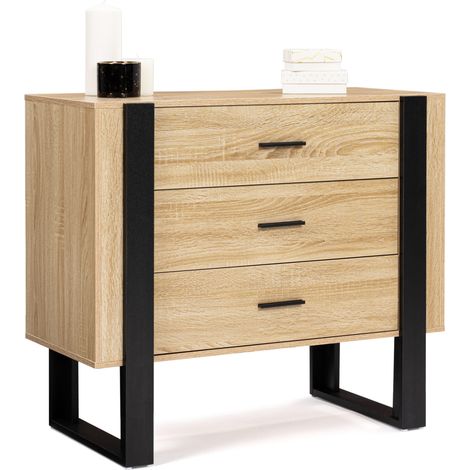 Idmarket – Commode enfant 3 tiroirs 84 cm – Bois mélaminé noir et bois clair – Design moderne avec pieds en bois – Rangement optimisé (1/5)