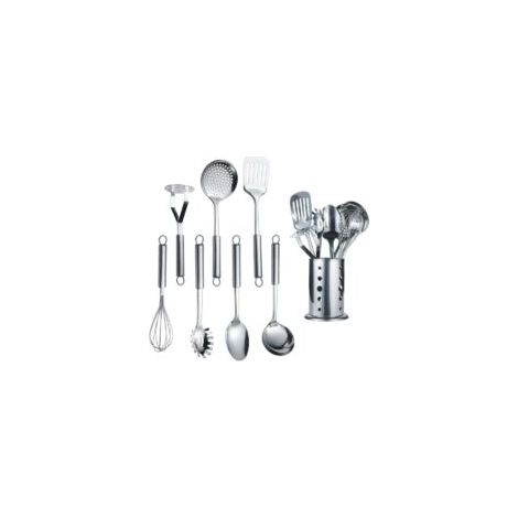 Juego de utensilios de cocina de acero inoxidable de 1 pieza con soporte, cuchara de cocina, juego de utensilios de cocina con soporte (8 piezas) - Crezuo