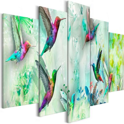 Tableau 5 Panneaux "Colourful Hummingbirds Wide Green" 50 x 100 cm (1/2)