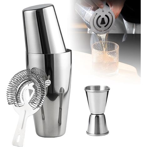 Boston Ensemble de shaker à cocktail en acier inoxydable 600 ml et 450 ml avec tamis et verre doseur, mixeur à martini en métal, accessoires de bar de qualité supérieure, shaker professionnel (1/5)