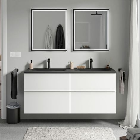 BERNSTEIN - Mobile lavabo sospeso MDF bianco opaco, lavabo Ghisa nero opaco + foro rubinetto, maniglia cromata - 120x46x62cm - LAVOA Bianco opaco, cromo, Nero opaco con foro rubinetto