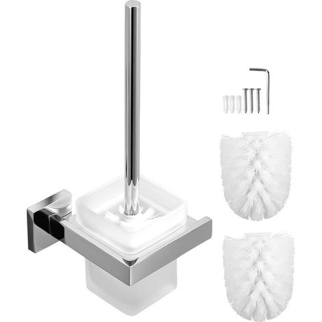 Argent,Brosse de Toilette avec Brosse de Rechange, Brosse WC en Verre Mat et Satiné, Kit de Fixation Murale et Debout, Accessoires de Salle de Bain, Amovible Support en Acier Inoxydable Chrome Miroir (1/5)