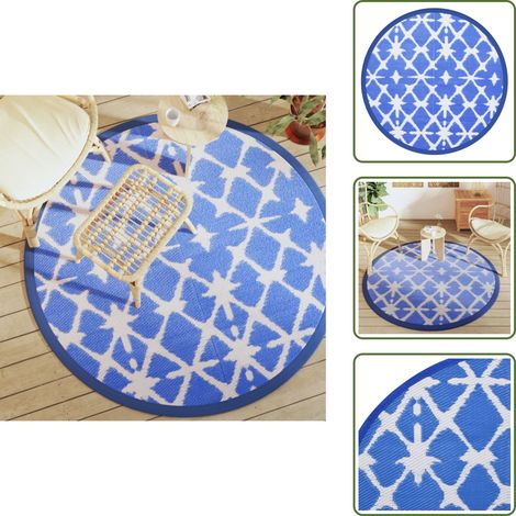 The Living Store Tapis d'extérieur ARAKIL bleu et blanc Ø160 cm PP - Tapis Exterieure - Tapis De Jardin - Tapis Rond - Tapis Bleu - Tapis Design (1/5)