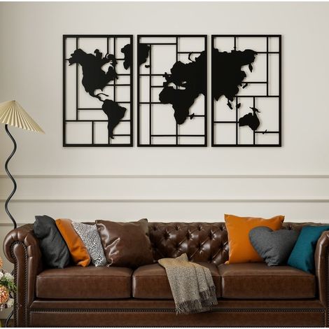 Decoración mural de metal mapa del mundo, 3 piezas, negro HAVRYA (1/4)