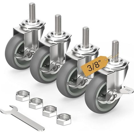 Roulettes pivotantes verrouillables de 7,6 cm (3 pouces), lot de 4, tige filetée 9,5 mm - 40,6 mm x 3,8 cm (diamètre 9,5 mm, longueur 3,8 cm), roulettes pivotantes robustes, grises (1/4)