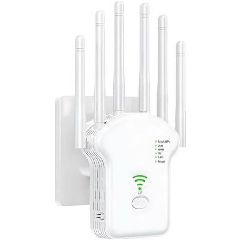 Répéteur WiFi, Amplificateur WiFi, Repeteur WiFi Puissant 1200Mbps Double Bande 5GHz & 2.4GHz, WiFi Booster, WiFi Extender avec 6 Antennes, LAN/WAN Ports, Mode Répéteur/Routeur/AP (1/4)