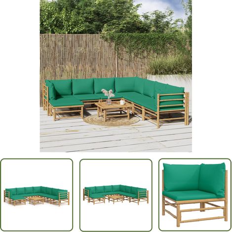 The Living Store 9-tlg. Garten-Lounge-Set mit Grünen Kissen Bambus - Bambus Möbel - Gartenloungeset - Outdoor Möbel - Esstisch - Wohnzimmergarnitur (1/5)