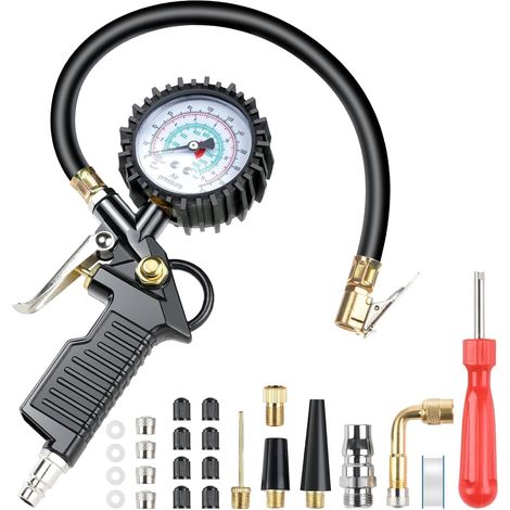 Numérique Manomètre Pression Pneu 220 PSI Haute Précis Multifonctionnel Jauge de Pression des Pneus Numérique avec 24 Accessoires, Pistolet de Gonflage de Pneu Portable pour Voiture Moto Vélo (1/5)