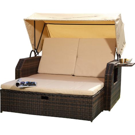 Melko Liegebett Polyrattan Braun Sonneninsel Gartenliege Rattanbett Sonnenliege Sofa (1/5)