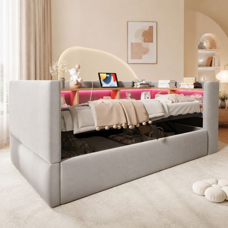Divano letto singolo 90x190 cm con contenitore, LED e prese, grigio chiaro HAVRYA (1/5)