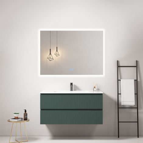 Mobile bagno sospeso cannettato 100 cm Verde Comodoro Lavabo in Ceramica Specchio Quadro Retroilluminato - Fiji Paint