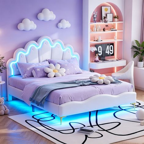JOOKGBD-Letto bambino a forma di corona 140x200 cm,Letto principessa,Letto imbottito,Rivestimento in similpelle PU,Striscia luminosa LED regolabile,Testiera regolabile in altezza,Rete a doghe,Bianco
