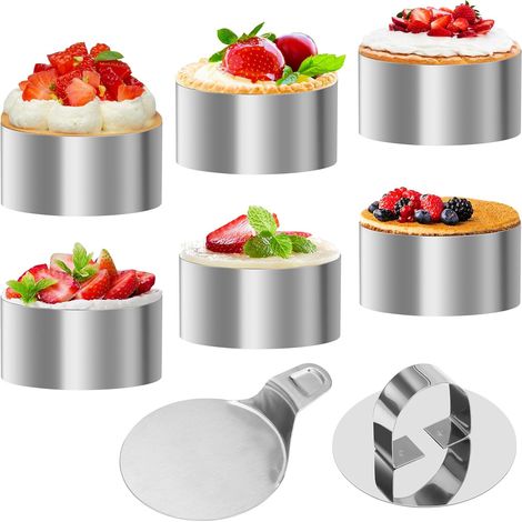 6 Pieces Diameter 8 cm Stainless Steel Presentation Circle, 8 x 4 cm Cake Mould with Pusher and Base, Cake Circle, Cake Pastry, Muffin DIY (1/5)