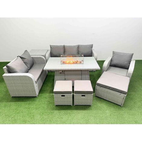 Fimous Patio PE Wicker 9 Seater Outdoor Rattan Furniture Sofa Sets with Firepit Dining Table Reclining Chair Loveseat Sofa 3 Seater Sofa Stool Side Table Light Grey (1/4)