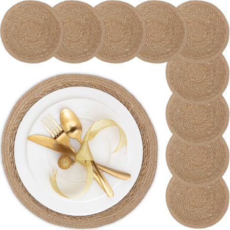 Relaxdays Tischset 10-teilig, für Esstisch, aus Wasserhyazinthe, Platzdecken, runde Telleruntersetzer, Ø 37 cm, natur (1/5)