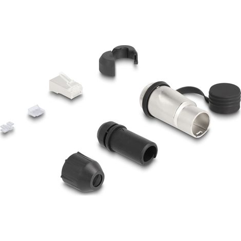 Delock Enchufe modular RJ45 Cat.6A con acoplador de paso y tapa protectora IP66 resistente al polvo y al agua