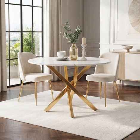Runder Esstisch 80 x 80 x 75 cm aus MDF und Metall, weiße Marmoroptik – MEUBLIV (1/5)