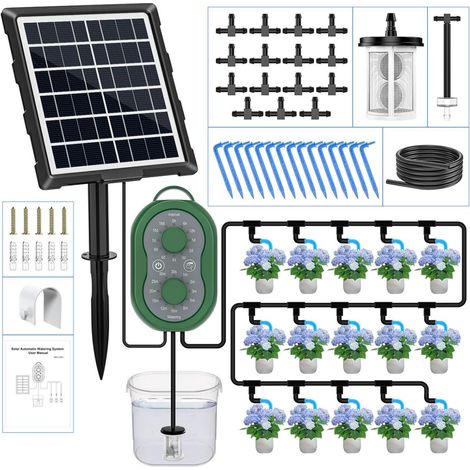 Système d'irrigation solaire goutte à goutte automatique pour 15 plantes en pot, 132 programmes d'arrosage, tuyau de 15 m, idéal pour balcon, jardin, potager et serre (1/5)