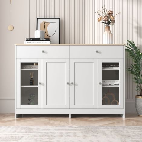 Tanant – Buffet scandinave 120 cm avec 2 tiroirs et 4 portes – Finition bois et blanc – Étagères réglables pour rangement pratique – Style maison de campagne (1/5)