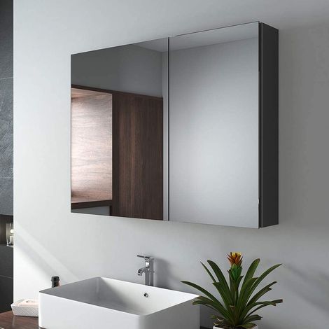 EMKE Specchio da bagno, 85 x 65 x 14,5 cm, specchio da bagno con ripiani regolabili, con maniglia invisibile e interruttore soft, doppie ante, doppio specchio, nero opaco