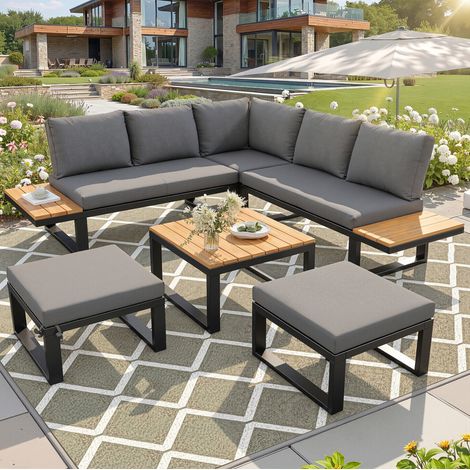 Set di mobili da giardino composto da 6 pezzi: tavolo e sedie modulari, schienale regolabile, tavolino e pouf, in metallo grigio. (1/5)