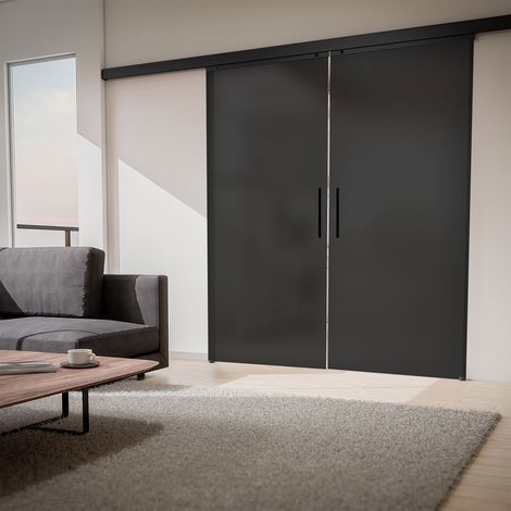 Schiebetür doppelflügelig Schwarz Glas Tür satiniert 1800 x 2035 Zimmertür Glasschiebetür - Stabgriff + 2 seitiger Softclose