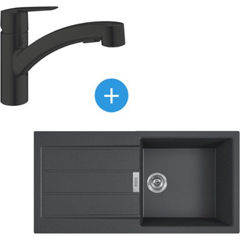 Franke Set Sirius Evier de cuisine en Tectonite 1000x500mm Noir mat + START mitigeur monocommande avec douchette (S2D611-100C-START1)