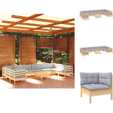 Gartenmöbel-Sets - Living 11-tlg. Garten-Lounge-Set mit Grauen Kissen Kiefernholz (1/5)
