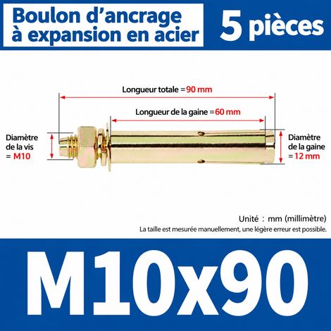 Goujon d'ancrage cheville métallique M10x90 mm lot de 5 pièces m10x90 5 pièces 12mm 1 kg – Livraison gratuite