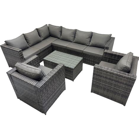 Fimous Outdoor Rattan Rectangular Coffee Table Corner Sofa Sets Garden Furniture Set with 2 Chairs Dark Grey Mixed (1/5)