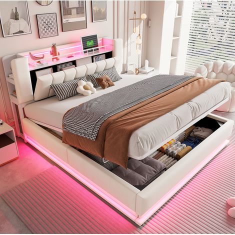 Cama tapizada 180x200 cm beige, terciopelo, con LED, USB y almacenaje hidráulico (1/5)