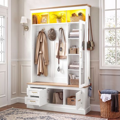 Kompaktgarderobe mit spiegel und sitzbank - 110 x 32 x 180 cm flurgarderobe mit led-beleuchtung app-steuerung schuhschrank und haken - mdf landhausstil - weiss (1/5)