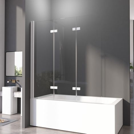 Duschwand für Badewanne 140x140cm Weiß Badewannenaufsatz 3-teilig Duschtrennwand für Badewanne Duschwand Badewanne Faltwand Duschabtrennung Badewanne, 6mm ESG Glas