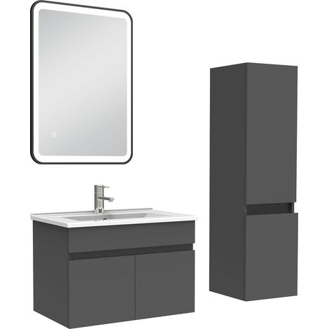 Acezanble Meuble simple vasque 60cm avec colonne + miroir lumineux anthracite
