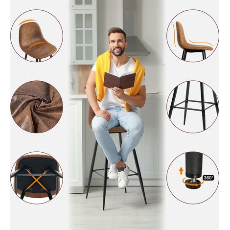 Meubles Cosy – Lot de 2 tabourets de bar rétro vintage – Dossier et repose-pieds – Sièges rembourrés en suédine marron – Hauteur 103.5cm – Style industriel