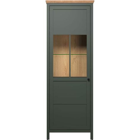 Calicosy – Vaisselier avec éclairage LED – 1 porte en verre trempé – Dimensions H198 cm x L69 cm x P39 cm – Panneaux mélaminés vert et chêne (1/5)