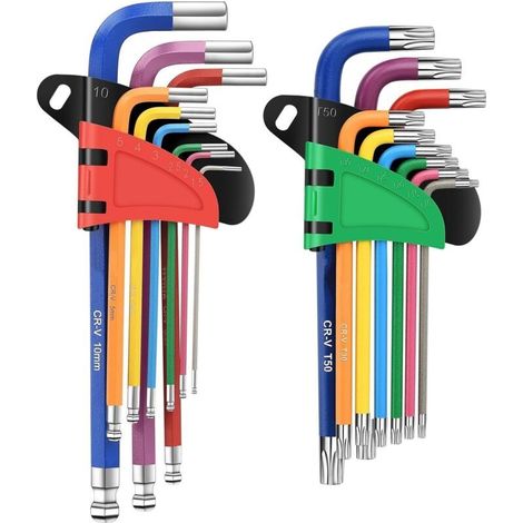 Jeu de 18 clés Allen en acier au chrome vanadium T10-T50, clés Torx robustes à tête sphérique métrique de 1,5 à 10 mm, avec code couleur et marquage des tailles (1/5)