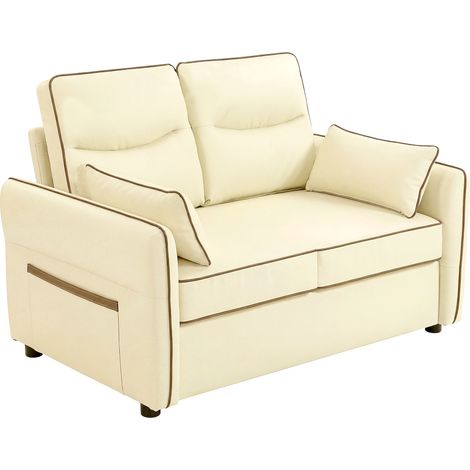 Canapé 2 places similicuir beige, rembourrage épais, poche latérale, 2 coussins inclus, 136 x 81 x 90 cm