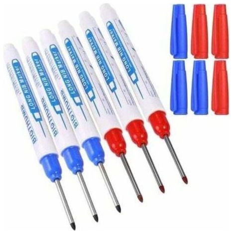 Kaelt - 6pcs Marqueurs Trou Profond, Marqueur Charpentier, Stylo Marqueur Indélébile à Pointe Fine de 30 mm, Feutre Permanent pour des Marquages à des Endroits Difficiles d'Accès (Bleu Rouge) (1/4)