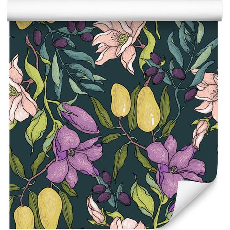 Papel pintado con flores y frutas para salón y dormitorio, 50x1000 cm. (1/5)